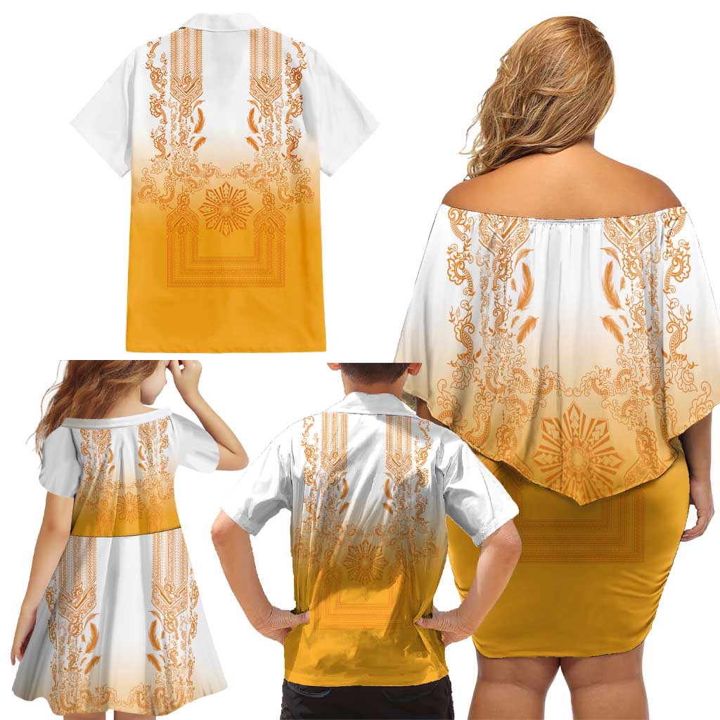 Philippines Barong Style Family Matching Off Shoulder Short Dress and Hawaiian Shirt with Polynesian Art and Leaf Motif Yellow Color LT03 - Polynesian Pride