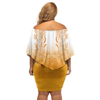 Philippines Barong Style Family Matching Off Shoulder Short Dress and Hawaiian Shirt with Polynesian Art and Leaf Motif Yellow Color LT03 - Polynesian Pride