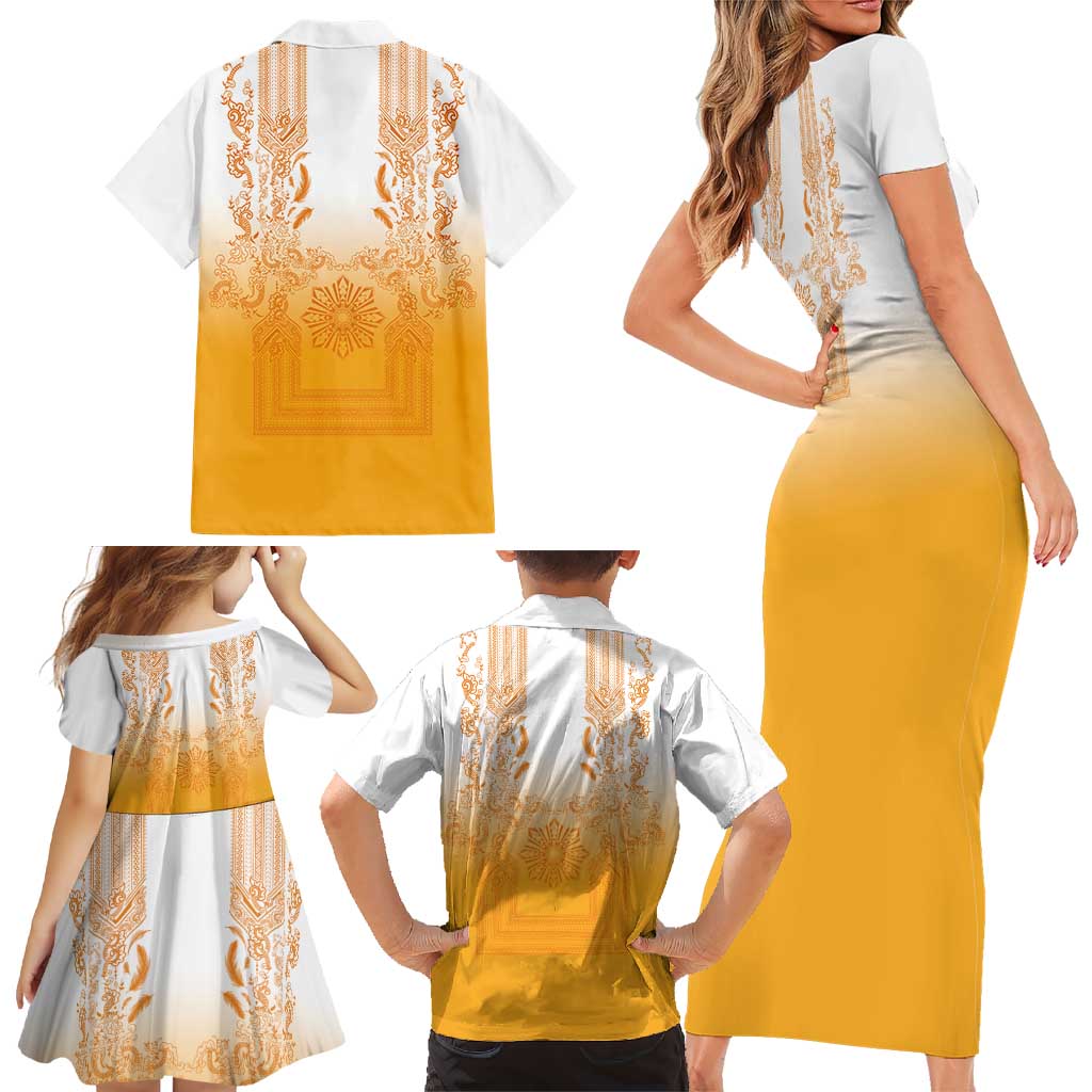 Philippines Barong Style Family Matching Short Sleeve Bodycon Dress and Hawaiian Shirt with Polynesian Art and Leaf Motif Yellow Color LT03 - Polynesian Pride