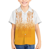 Philippines Barong Style Family Matching Short Sleeve Bodycon Dress and Hawaiian Shirt with Polynesian Art and Leaf Motif Yellow Color LT03 Son's Shirt Yellow - Polynesian Pride