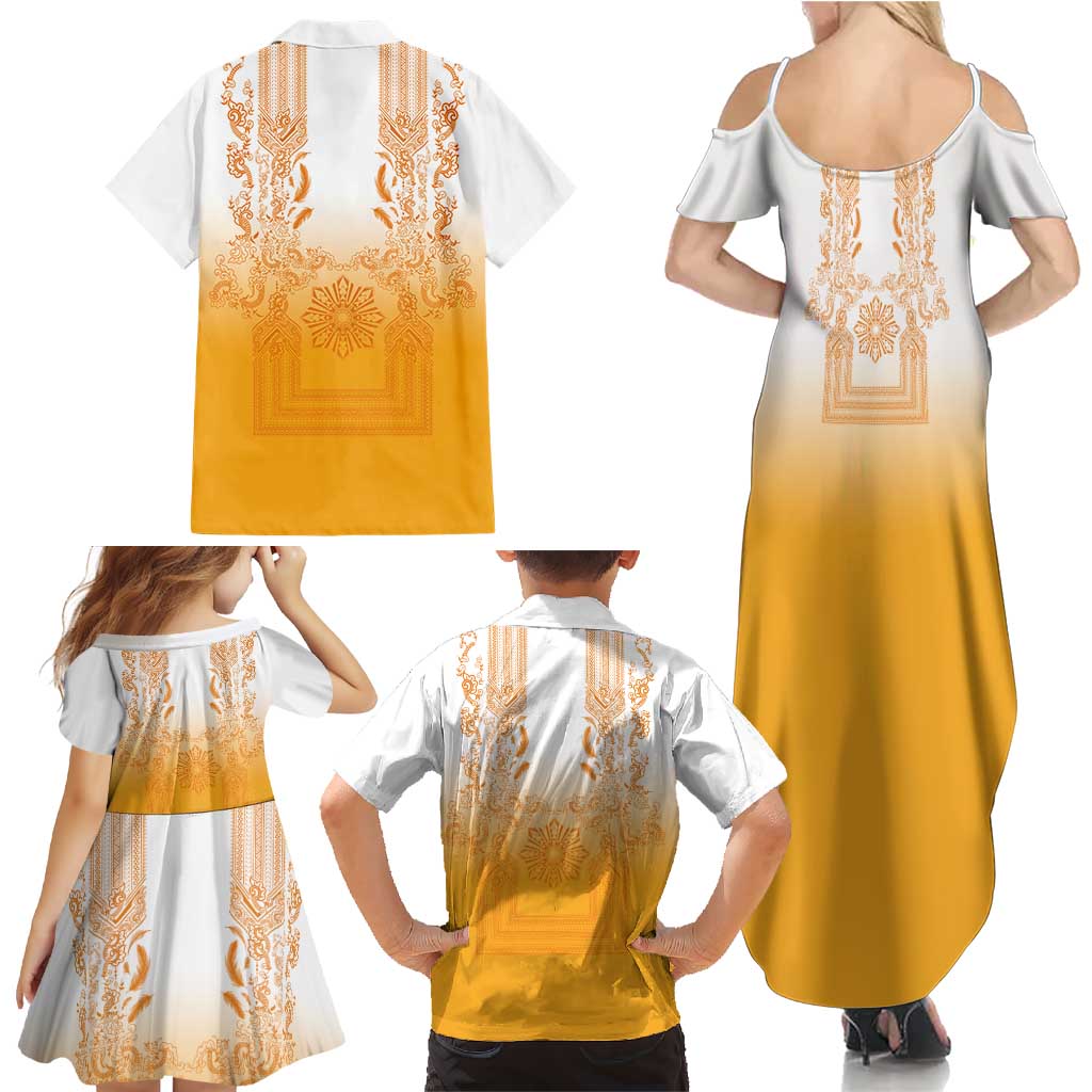 Philippines Barong Style Family Matching Summer Maxi Dress and Hawaiian Shirt with Polynesian Art and Leaf Motif Yellow Color LT03 - Polynesian Pride