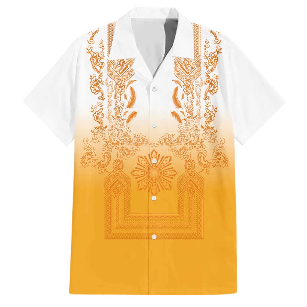 Philippines Barong Style Family Matching Tank Maxi Dress and Hawaiian Shirt with Polynesian Art and Leaf Motif Yellow Color LT03 Dad's Shirt - Short Sleeve Yellow - Polynesian Pride