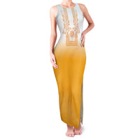 Philippines Barong Style Family Matching Tank Maxi Dress and Hawaiian Shirt with Polynesian Art and Leaf Motif Yellow Color LT03 Mom's Dress Yellow - Polynesian Pride