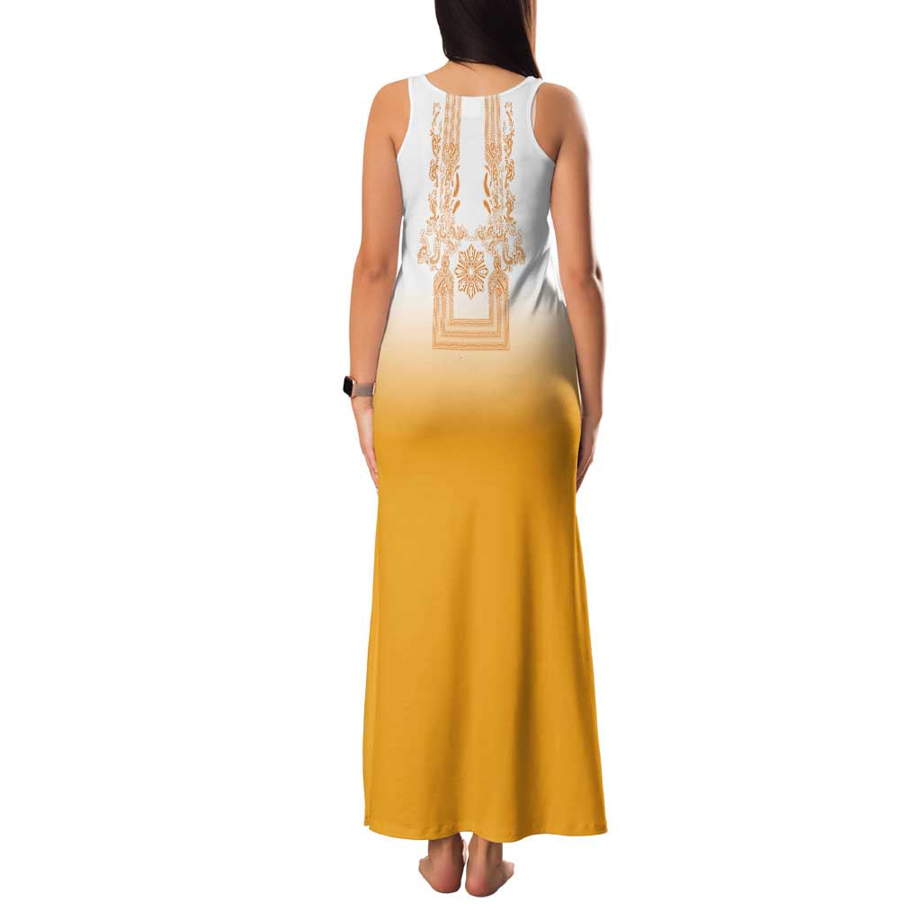 Philippines Barong Style Family Matching Tank Maxi Dress and Hawaiian Shirt with Polynesian Art and Leaf Motif Yellow Color LT03 - Polynesian Pride