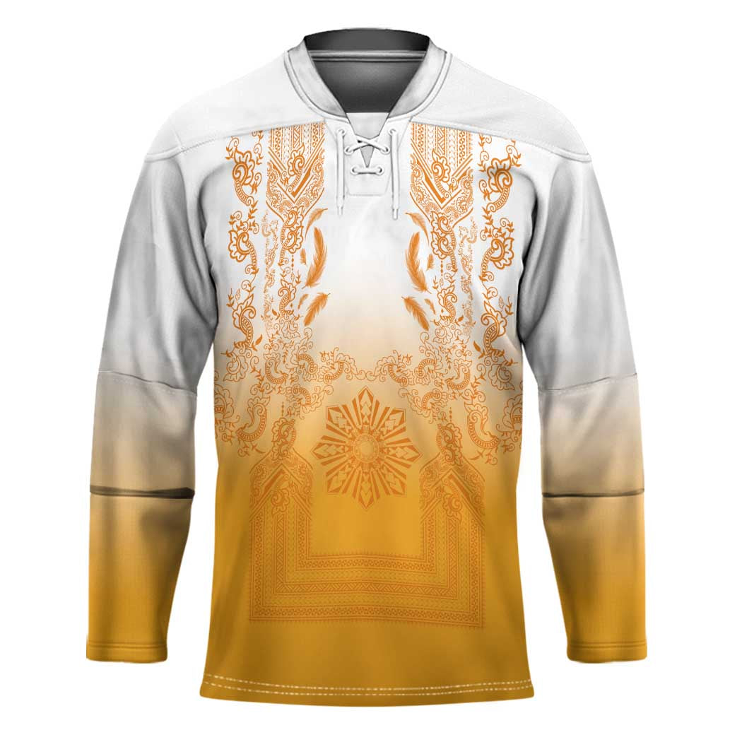 Philippines Barong Style Hockey Jersey with Polynesian Art and Leaf Motif Yellow Color
