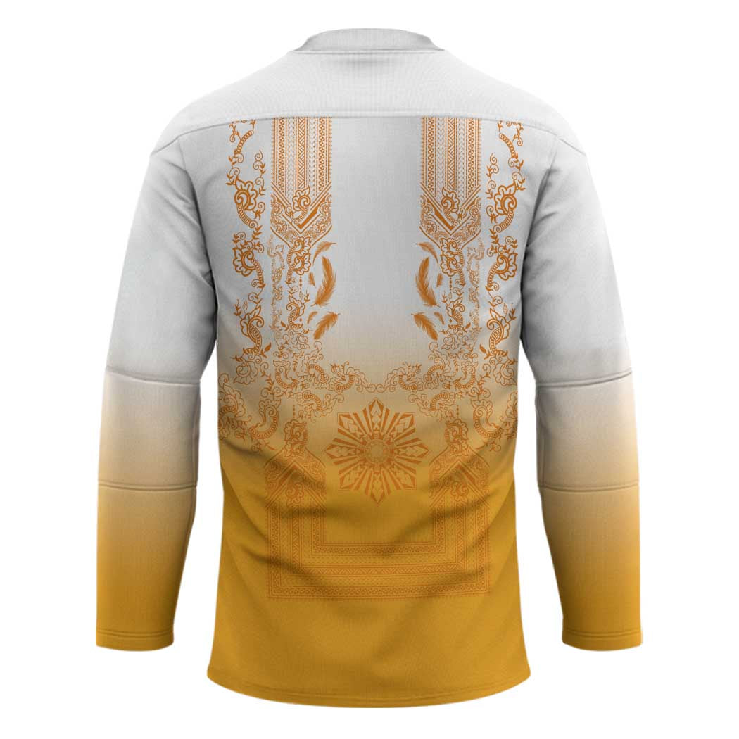 Philippines Barong Style Hockey Jersey with Polynesian Art and Leaf Motif Yellow Color