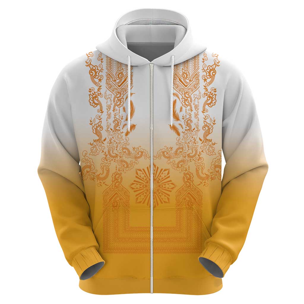 Philippines Barong Style Hoodie with Polynesian Art and Leaf Motif Yellow Color
