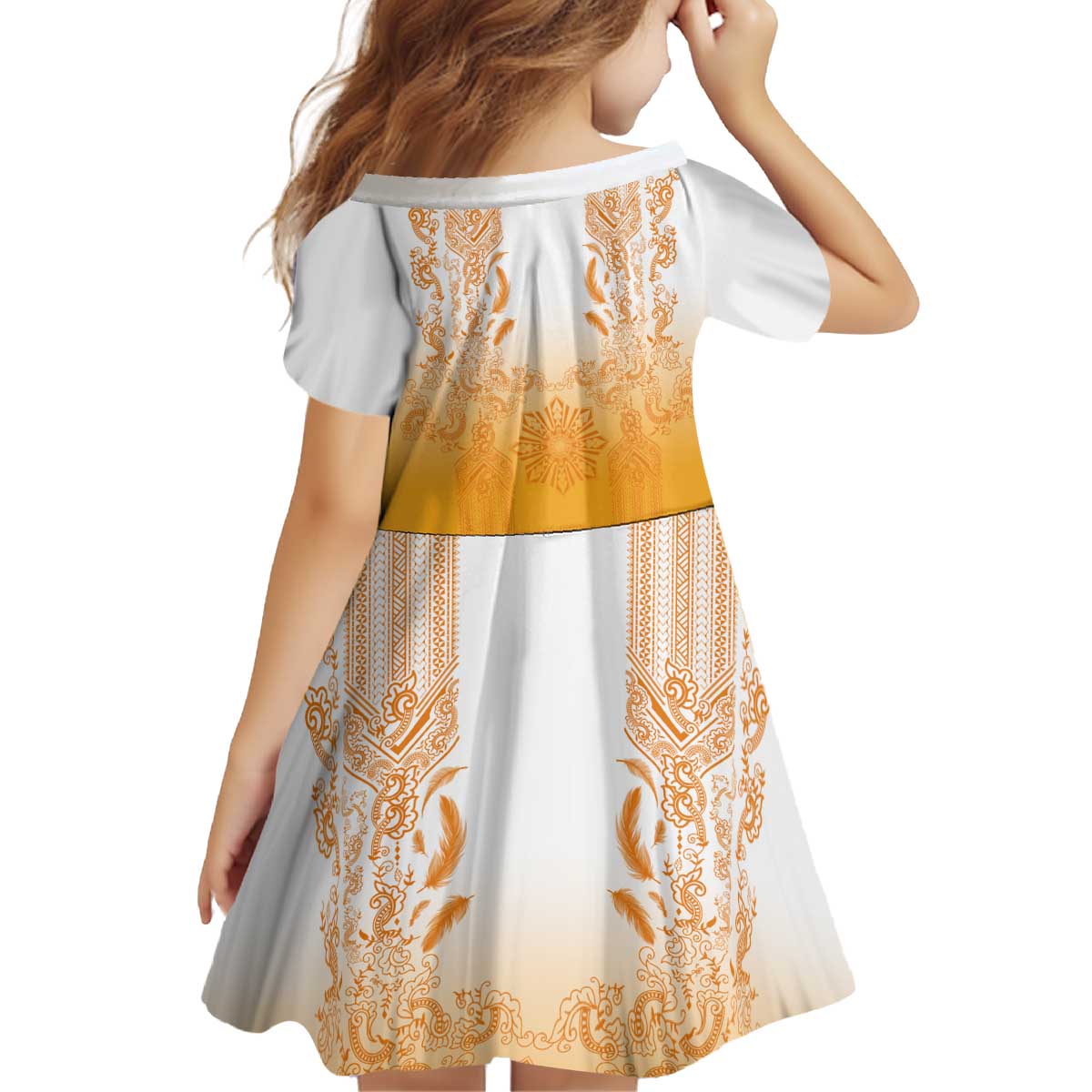 Philippines Barong Style Kid Short Sleeve Dress with Polynesian Art and Leaf Motif Yellow Color