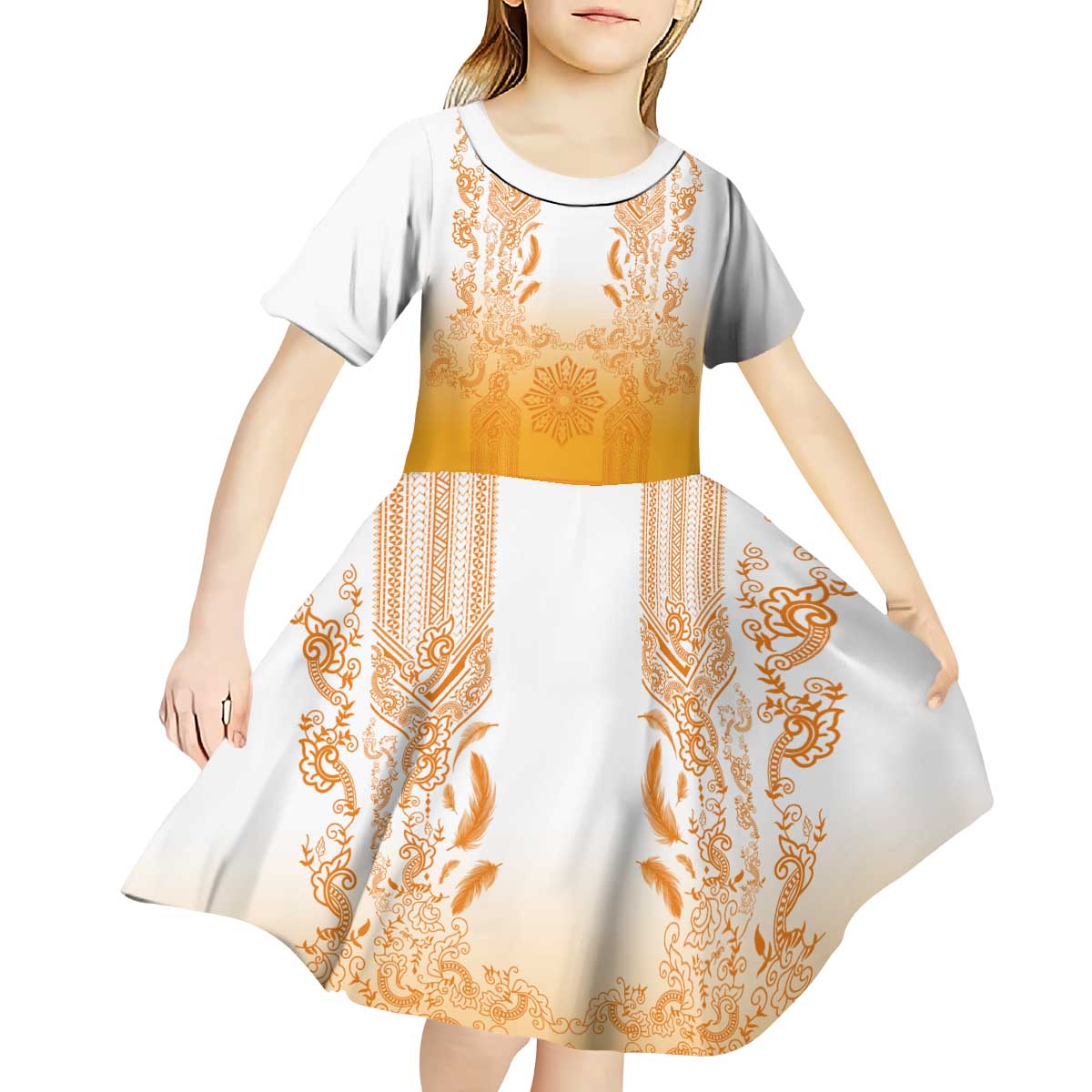 Philippines Barong Style Kid Short Sleeve Dress with Polynesian Art and Leaf Motif Yellow Color