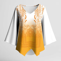 Philippines Barong Style Kimono Sleeve Blouse with Polynesian Art and Leaf Motif Yellow Color