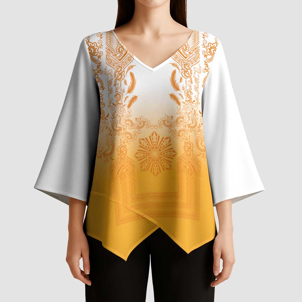 Philippines Barong Style Kimono Sleeve Blouse with Polynesian Art and Leaf Motif Yellow Color