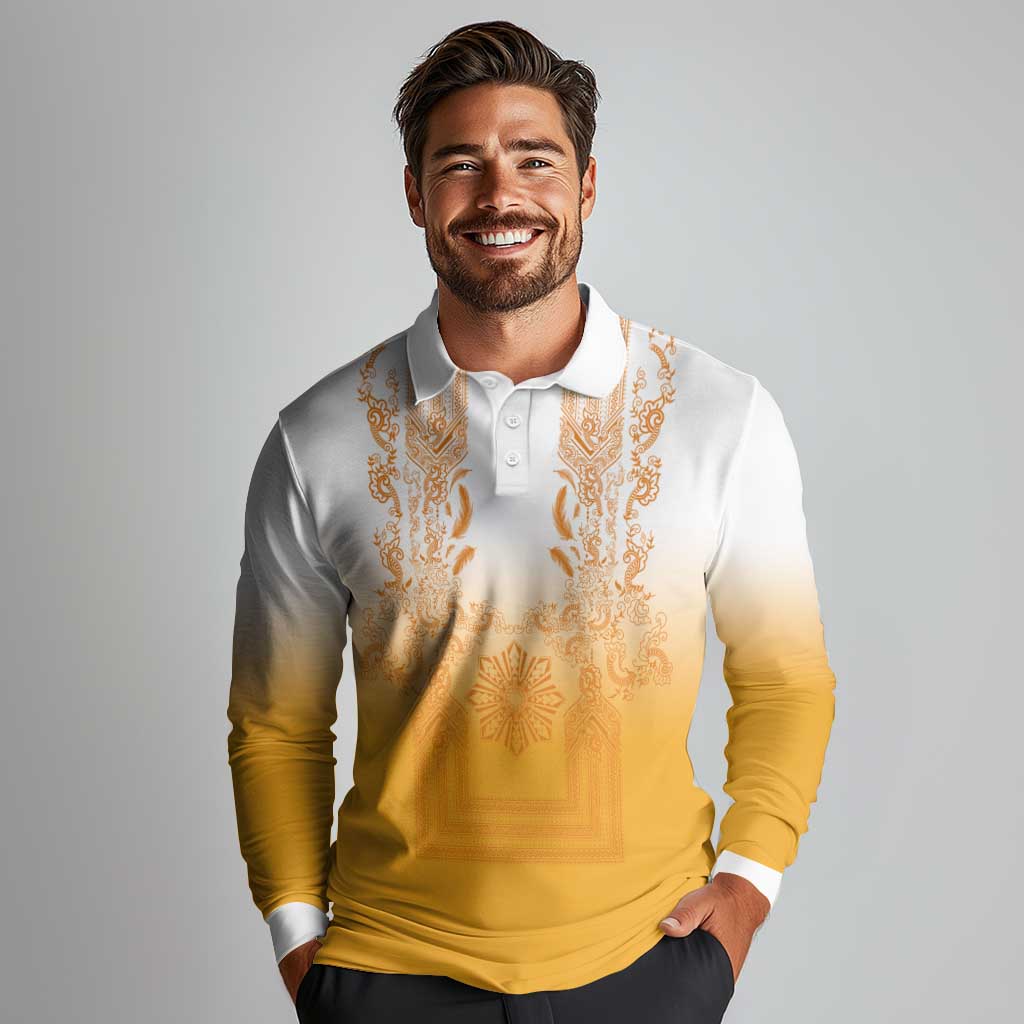Philippines Barong Style Long Sleeve Polo Shirt with Polynesian Art and Leaf Motif Yellow Color