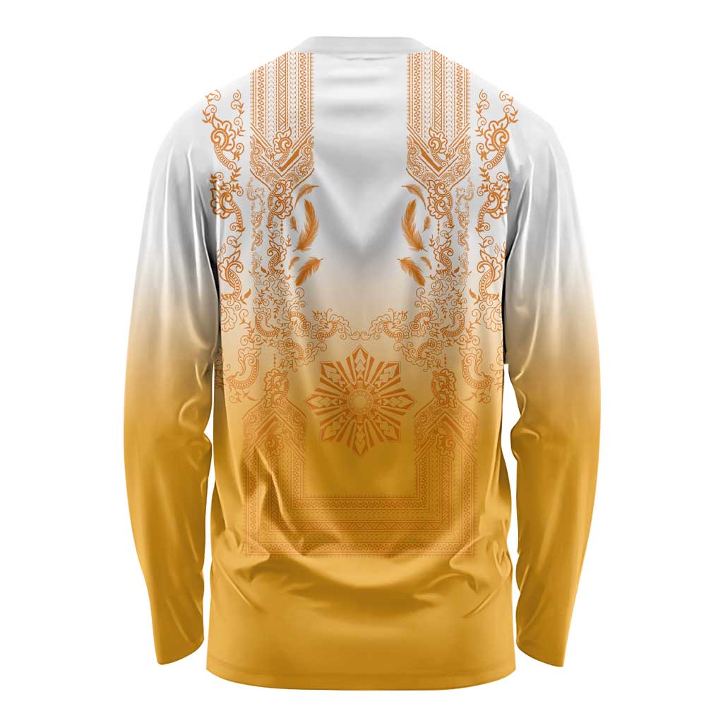 Philippines Barong Style Long Sleeve Shirt with Polynesian Art and Leaf Motif Yellow Color