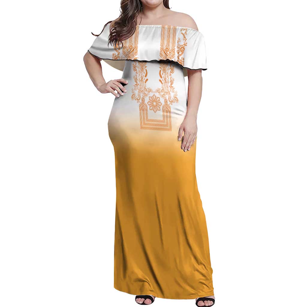 Philippines Barong Style Off Shoulder Maxi Dress with Polynesian Art and Leaf Motif Yellow Color