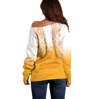 Philippines Barong Style Off Shoulder Sweater with Polynesian Art and Leaf Motif Yellow Color