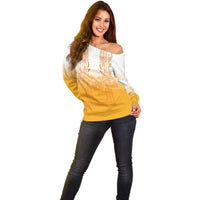 Philippines Barong Style Off Shoulder Sweater with Polynesian Art and Leaf Motif Yellow Color