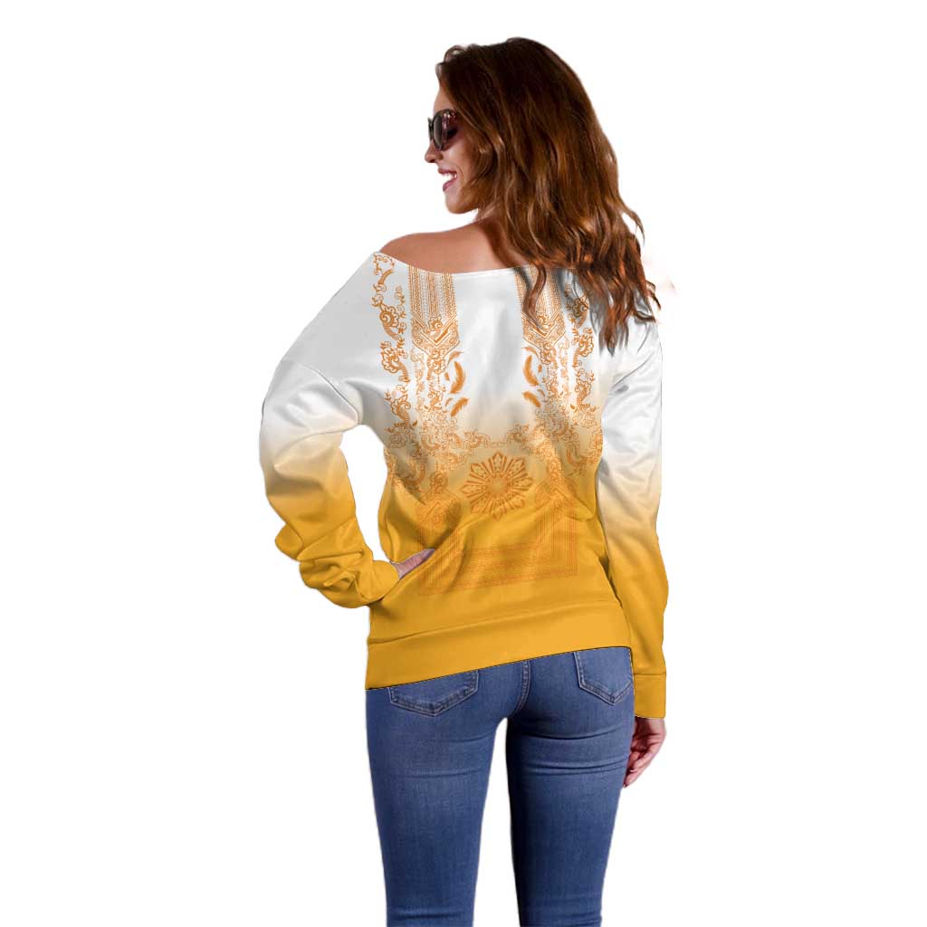 Philippines Barong Style Off Shoulder Sweater with Polynesian Art and Leaf Motif Yellow Color