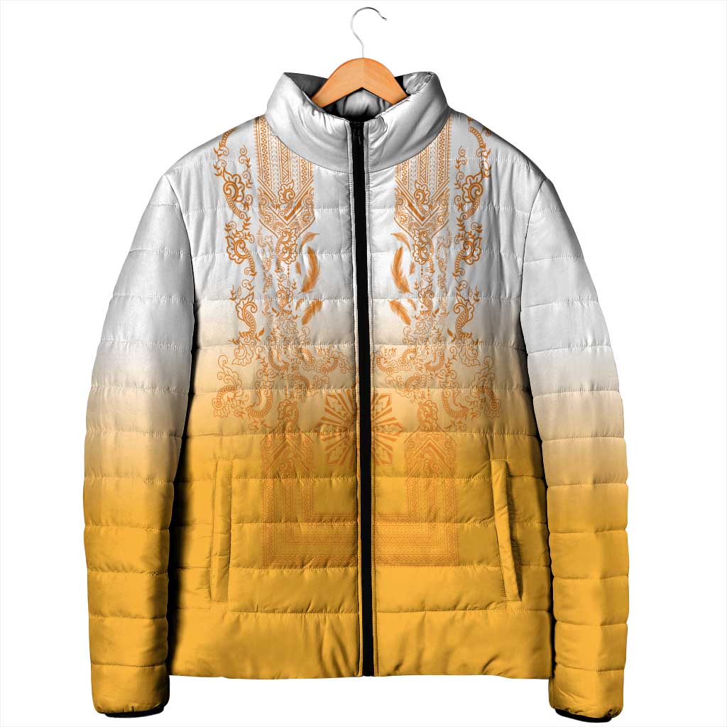 Philippines Barong Style Padded Jacket with Polynesian Art and Leaf Motif Yellow Color