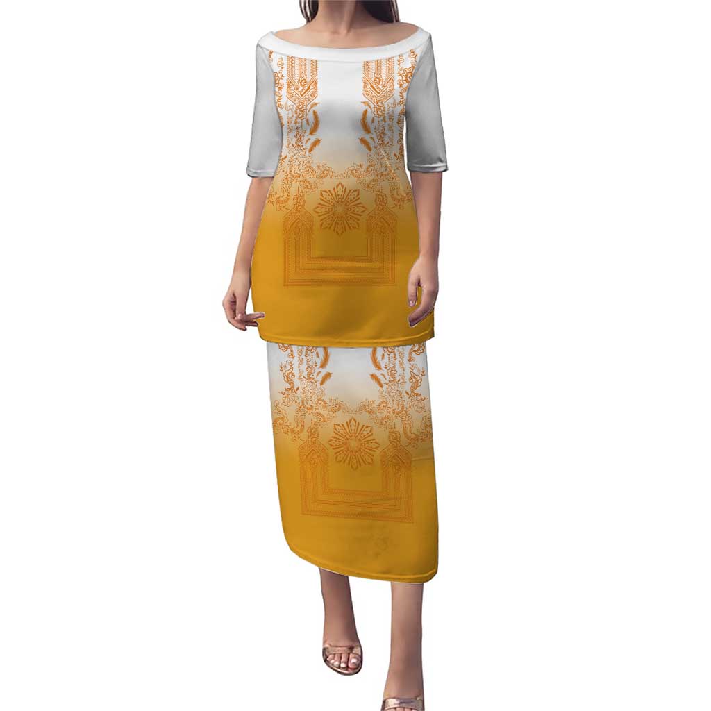 Philippines Barong Style Puletasi with Polynesian Art and Leaf Motif Yellow Color