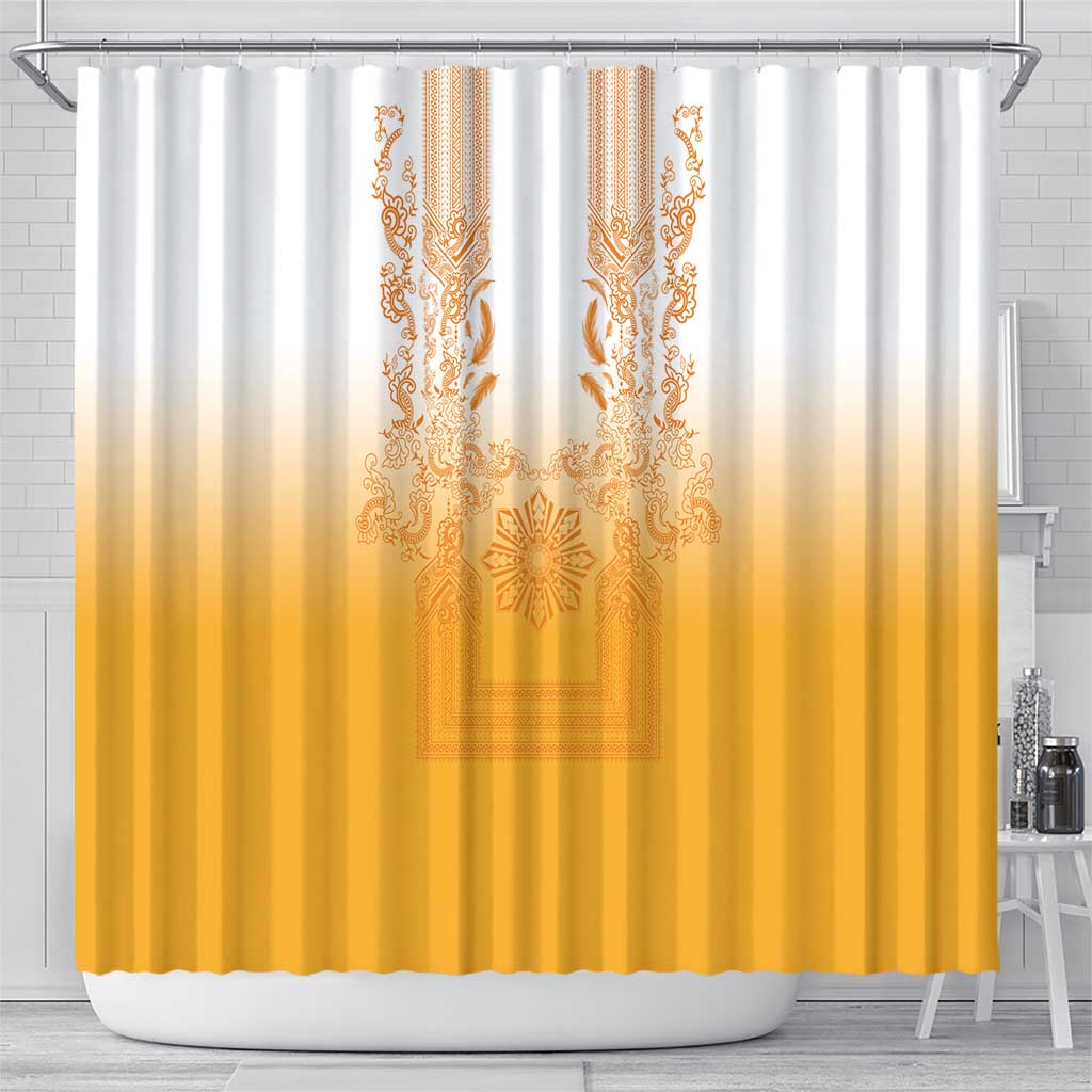 Philippines Barong Style Shower Curtain with Polynesian Art and Leaf Motif Yellow Color