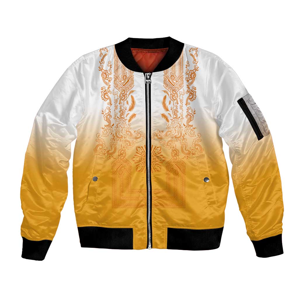 Philippines Barong Style Sleeve Zip Bomber Jacket with Polynesian Art and Leaf Motif Yellow Color