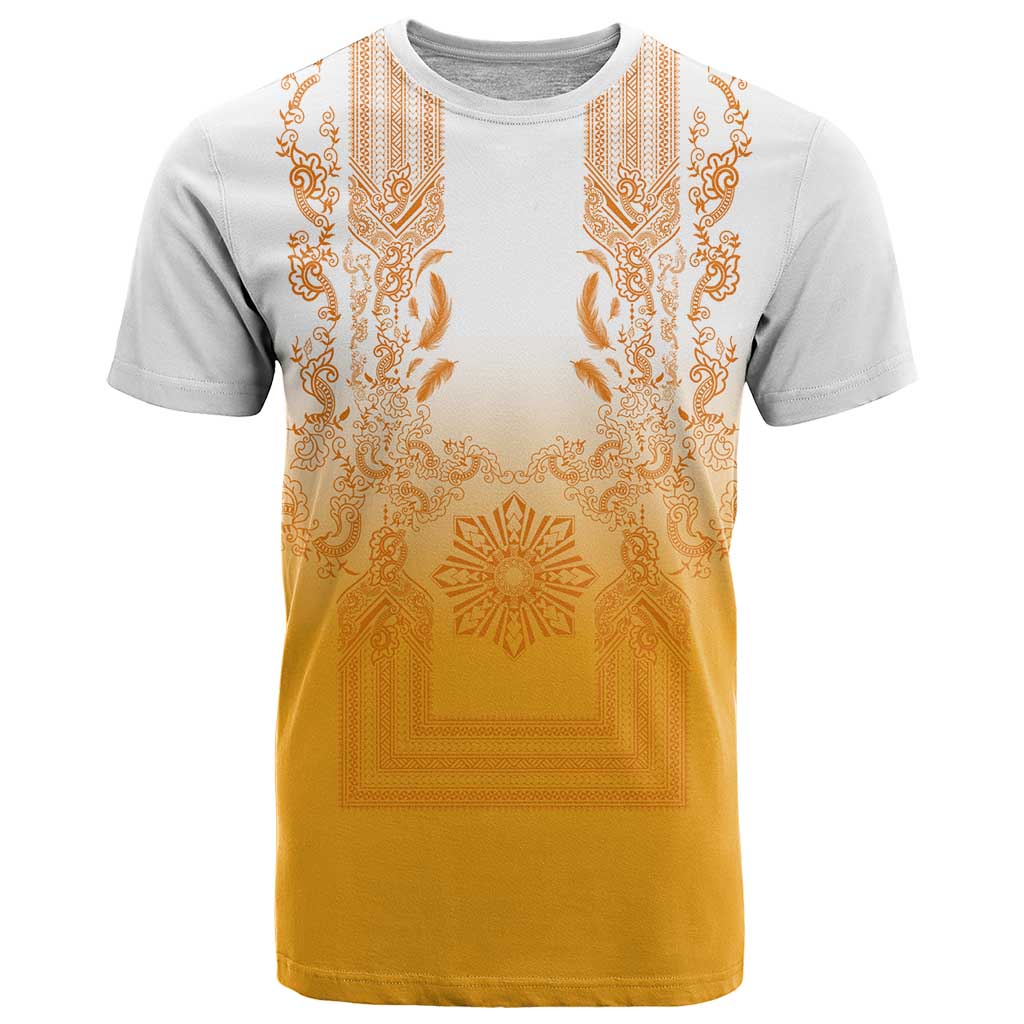 Philippines Barong Style T Shirt with Polynesian Art and Leaf Motif Yellow Color