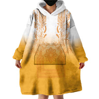 Philippines Barong Style Wearable Blanket Hoodie with Polynesian Art and Leaf Motif Yellow Color