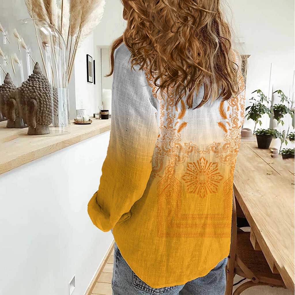 Philippines Barong Style Women Casual Shirt with Polynesian Art and Leaf Motif Yellow Color