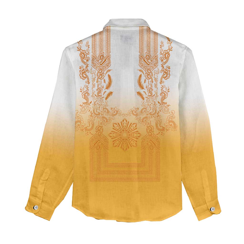 Philippines Barong Style Women Casual Shirt with Polynesian Art and Leaf Motif Yellow Color