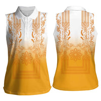 Philippines Barong Style Women Sleeveless Polo Shirt with Polynesian Art and Leaf Motif Yellow Color