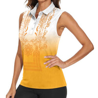 Philippines Barong Style Women Sleeveless Polo Shirt with Polynesian Art and Leaf Motif Yellow Color