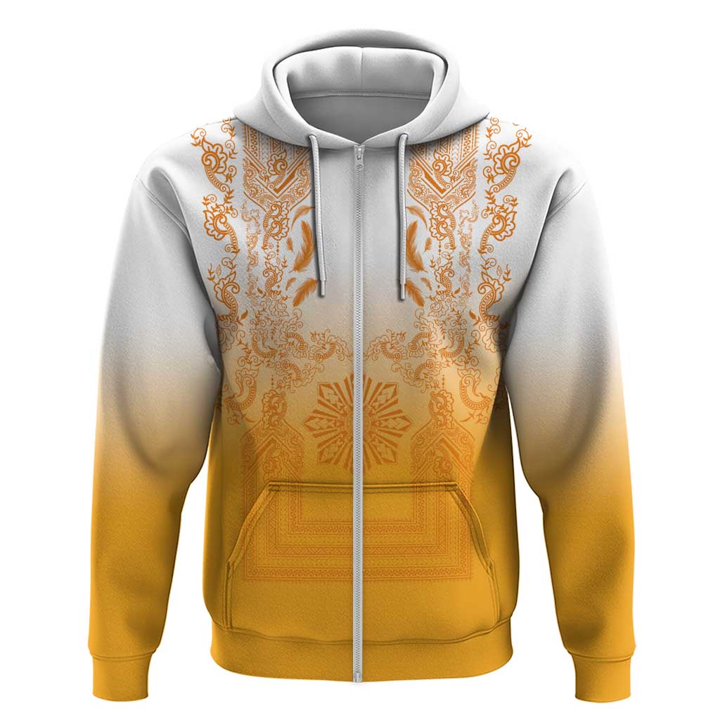 Philippines Barong Style Zip Hoodie with Polynesian Art and Leaf Motif Yellow Color