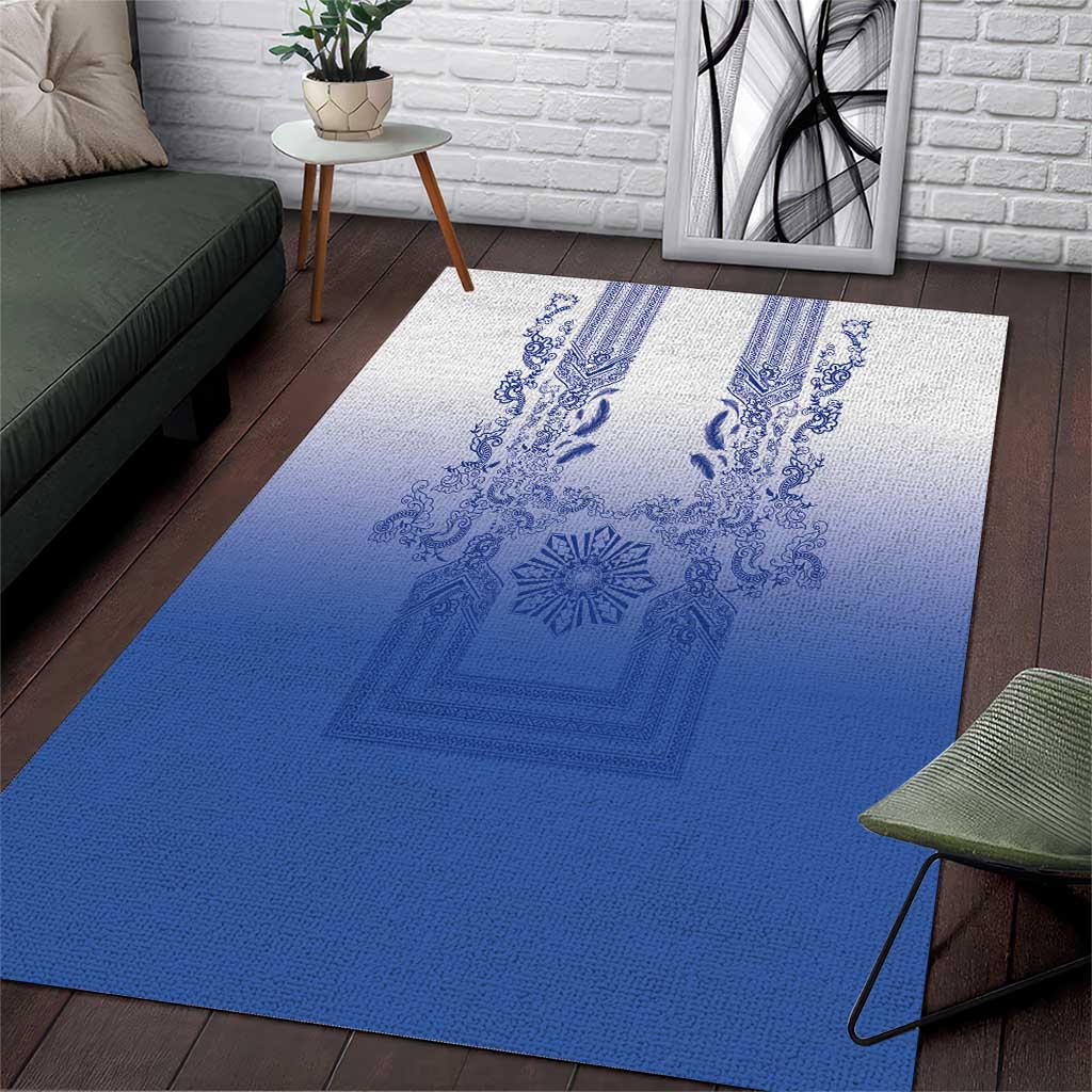 Philippines Barong Style Area Rug with Polynesian Art and Leaf Motif Blue Color