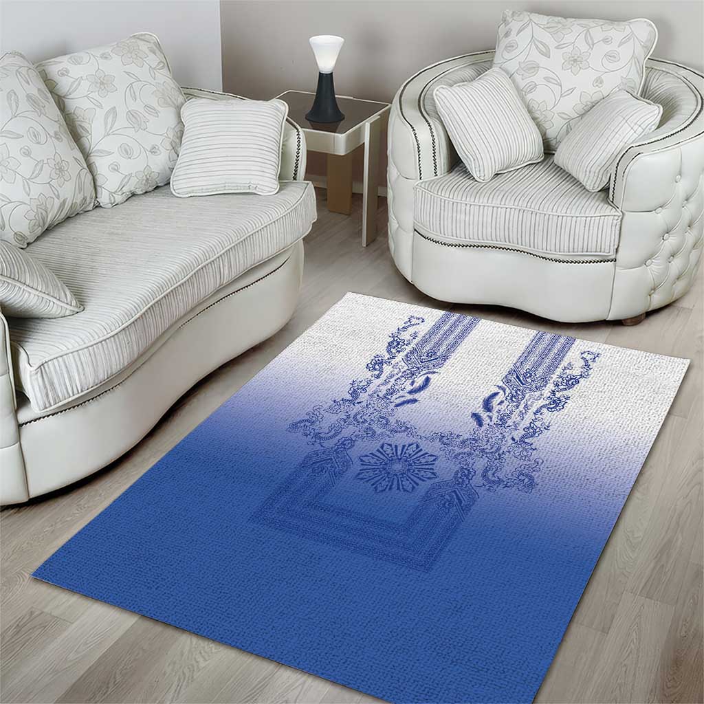 Philippines Barong Style Area Rug with Polynesian Art and Leaf Motif Blue Color
