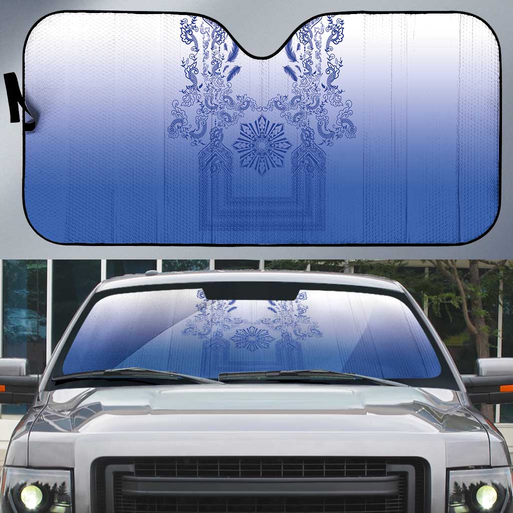 Philippines Barong Style Auto Sun Shade with Polynesian Art and Leaf Motif Blue Color