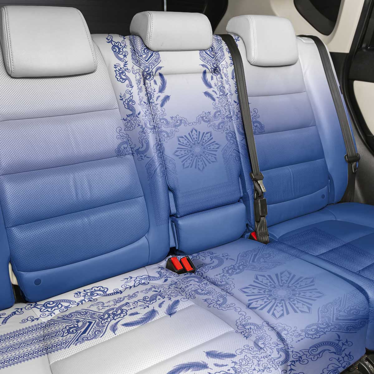 Philippines Barong Style Back Car Seat Cover with Polynesian Art and Leaf Motif Blue Color