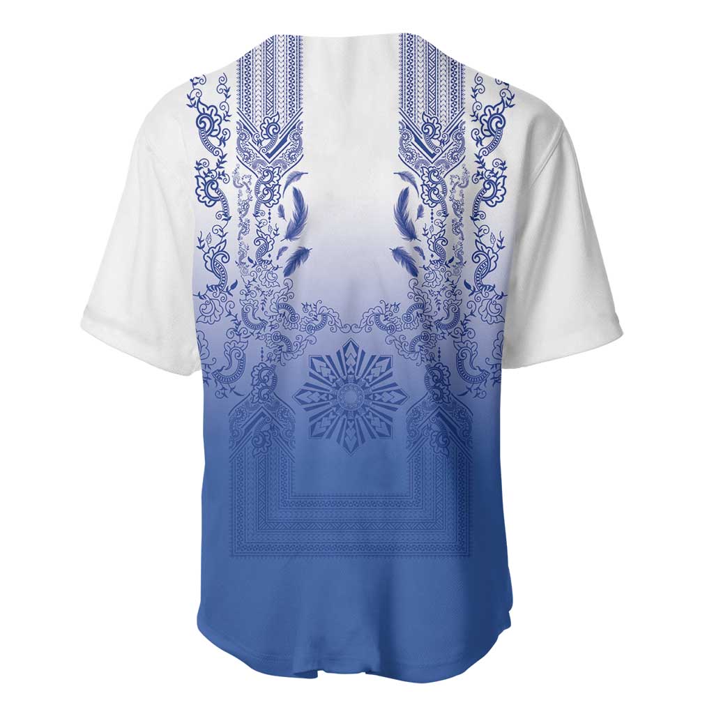 Philippines Barong Style Baseball Jersey with Polynesian Art and Leaf Motif Blue Color