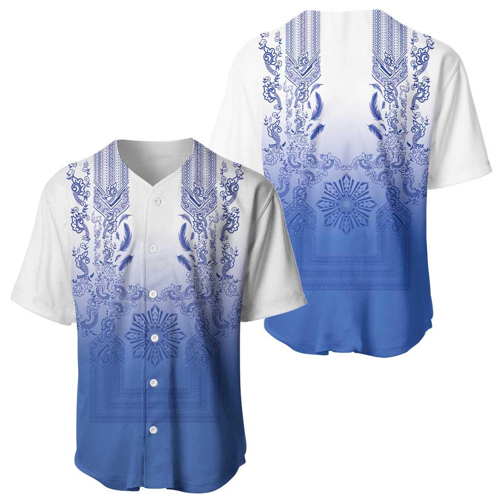 Philippines Barong Style Baseball Jersey with Polynesian Art and Leaf Motif Blue Color