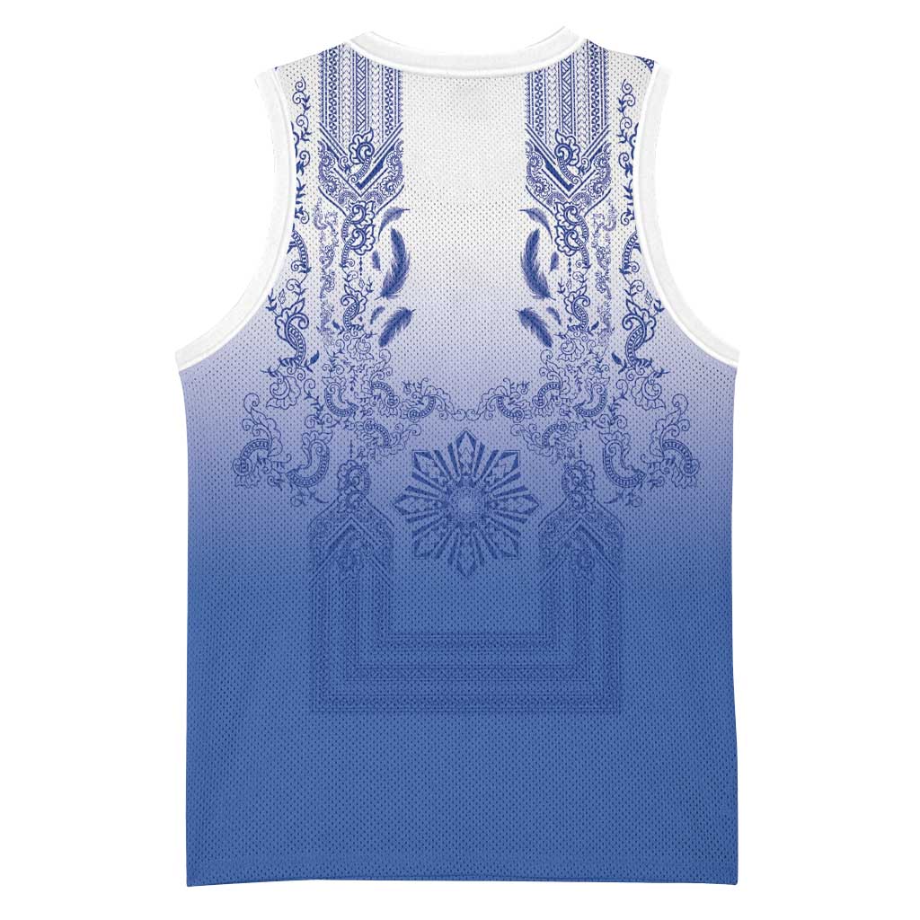 Philippines Barong Style Basketball Jersey with Polynesian Art and Leaf Motif Blue Color