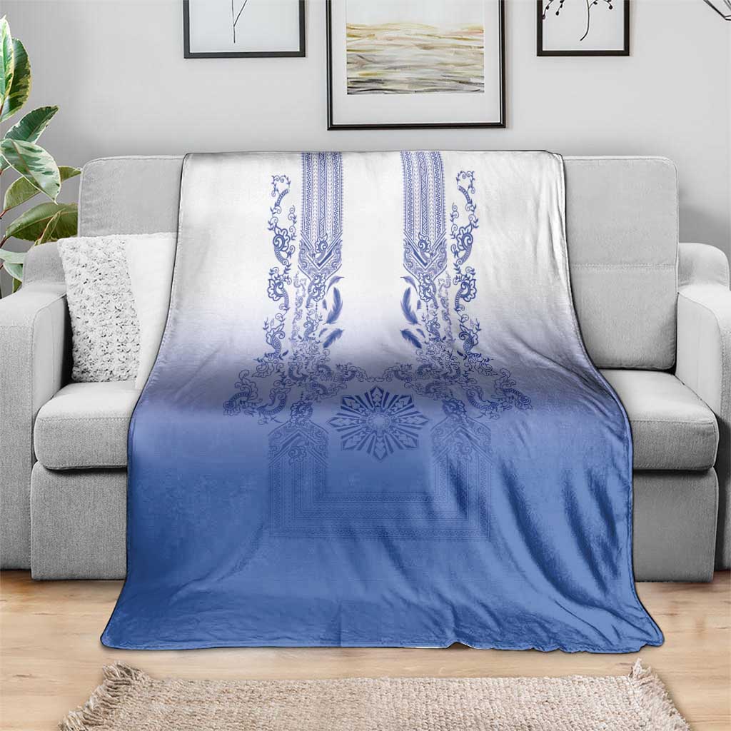 Philippines Barong Style Blanket with Polynesian Art and Leaf Motif Blue Color