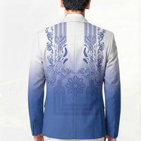Philippines Barong Style Blazer with Polynesian Art and Leaf Motif Blue Color