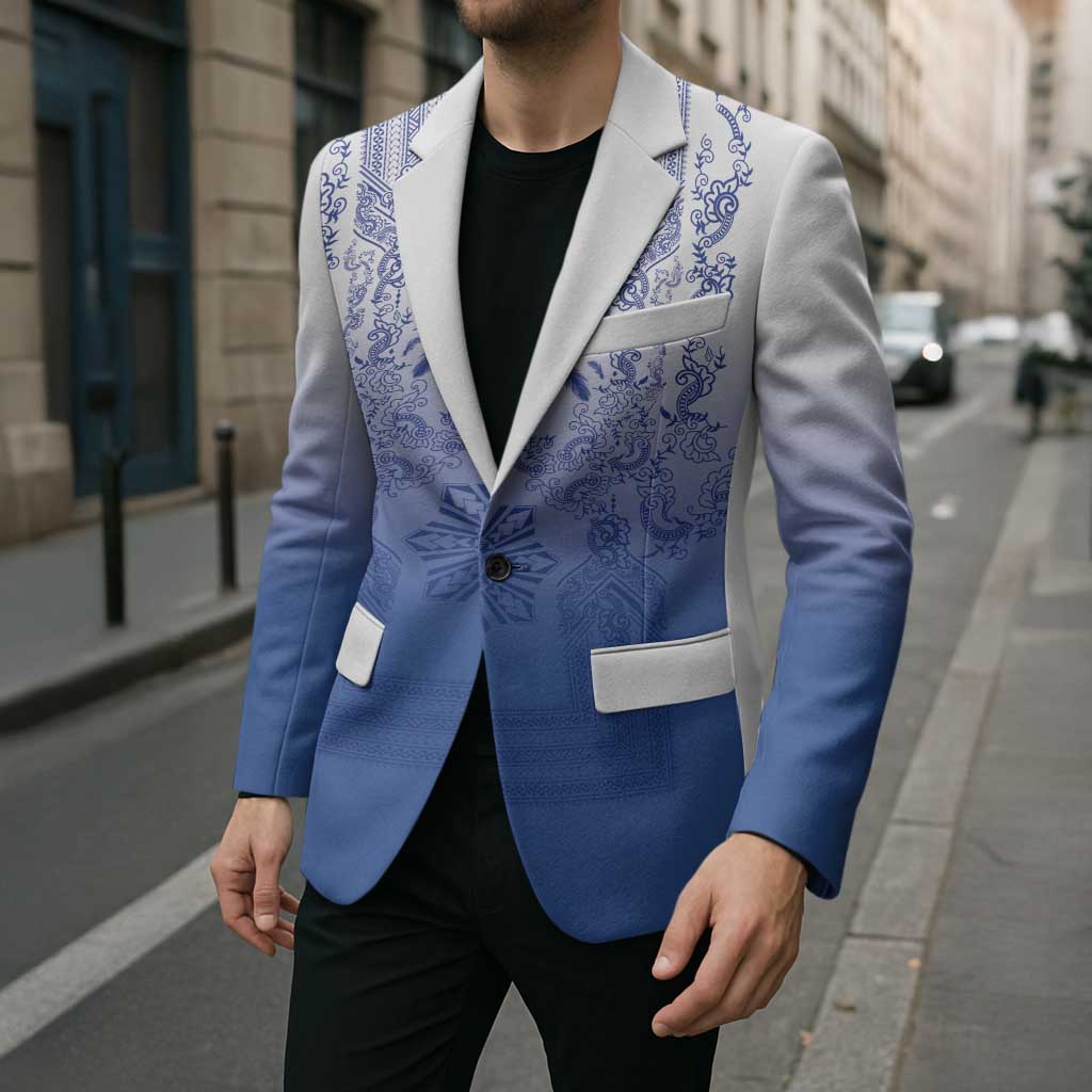 Philippines Barong Style Blazer with Polynesian Art and Leaf Motif Blue Color
