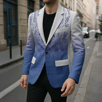 Philippines Barong Style Blazer with Polynesian Art and Leaf Motif Blue Color