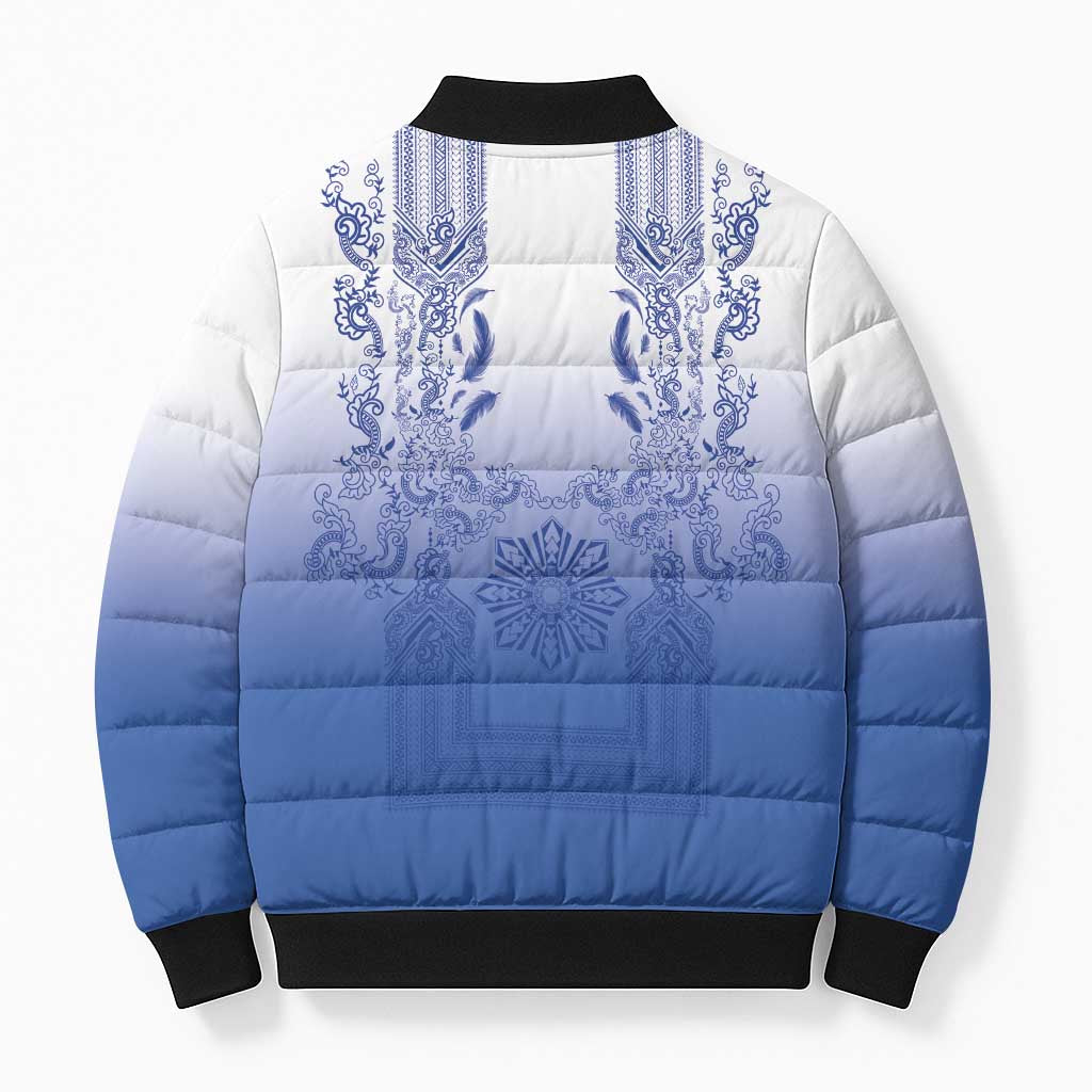 Philippines Barong Style Bomber Puffer Jacket with Polynesian Art and Leaf Motif Blue Color