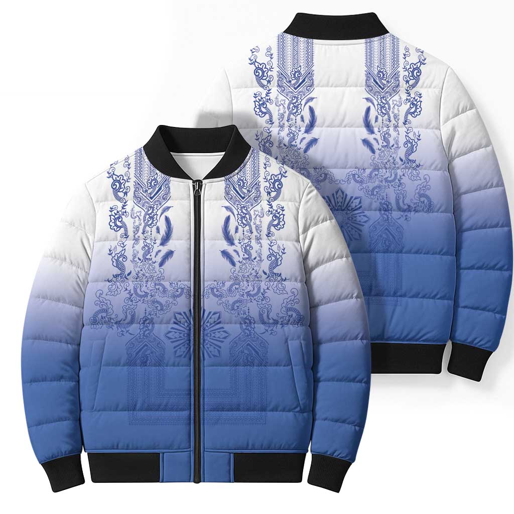 Philippines Barong Style Bomber Puffer Jacket with Polynesian Art and Leaf Motif Blue Color