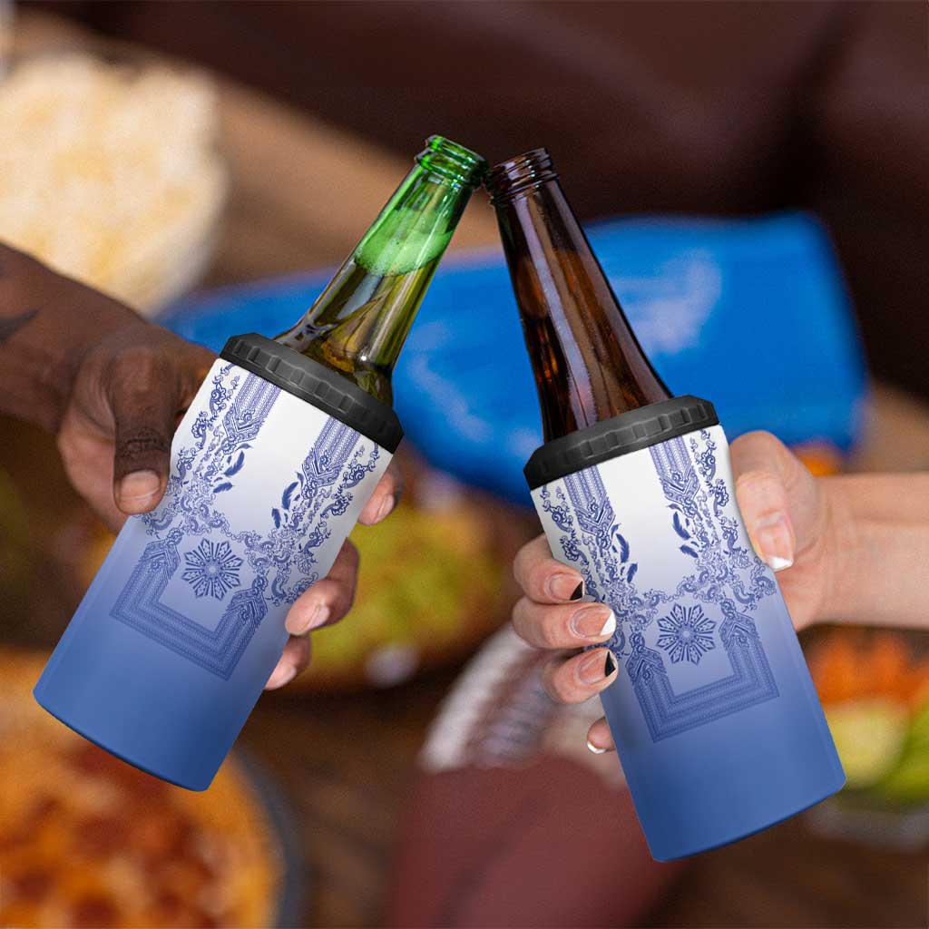 Philippines Barong Style 4 in 1 Can Cooler Tumbler with Polynesian Art and Leaf Motif Blue Color