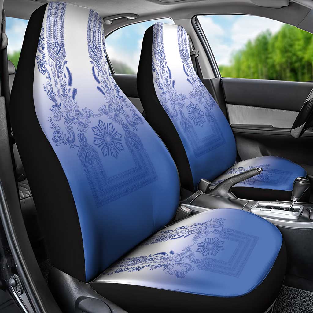 Philippines Barong Style Car Seat Cover with Polynesian Art and Leaf Motif Blue Color