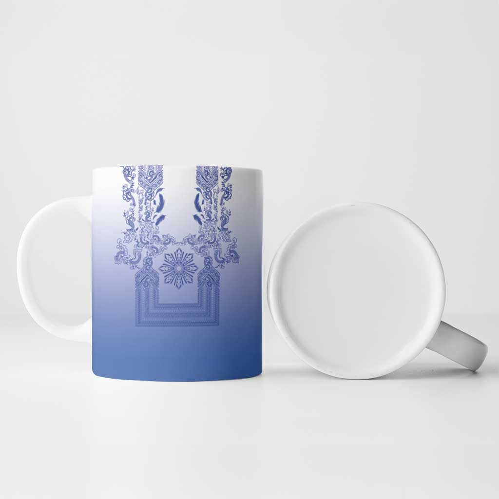 Philippines Barong Style Ceramic Mug with Polynesian Art and Leaf Motif Blue Color