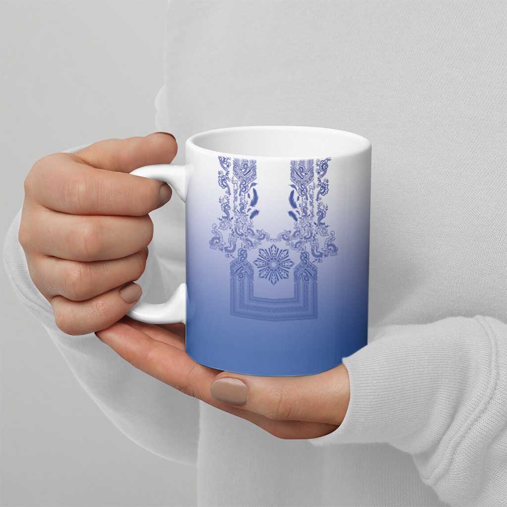 Philippines Barong Style Ceramic Mug with Polynesian Art and Leaf Motif Blue Color