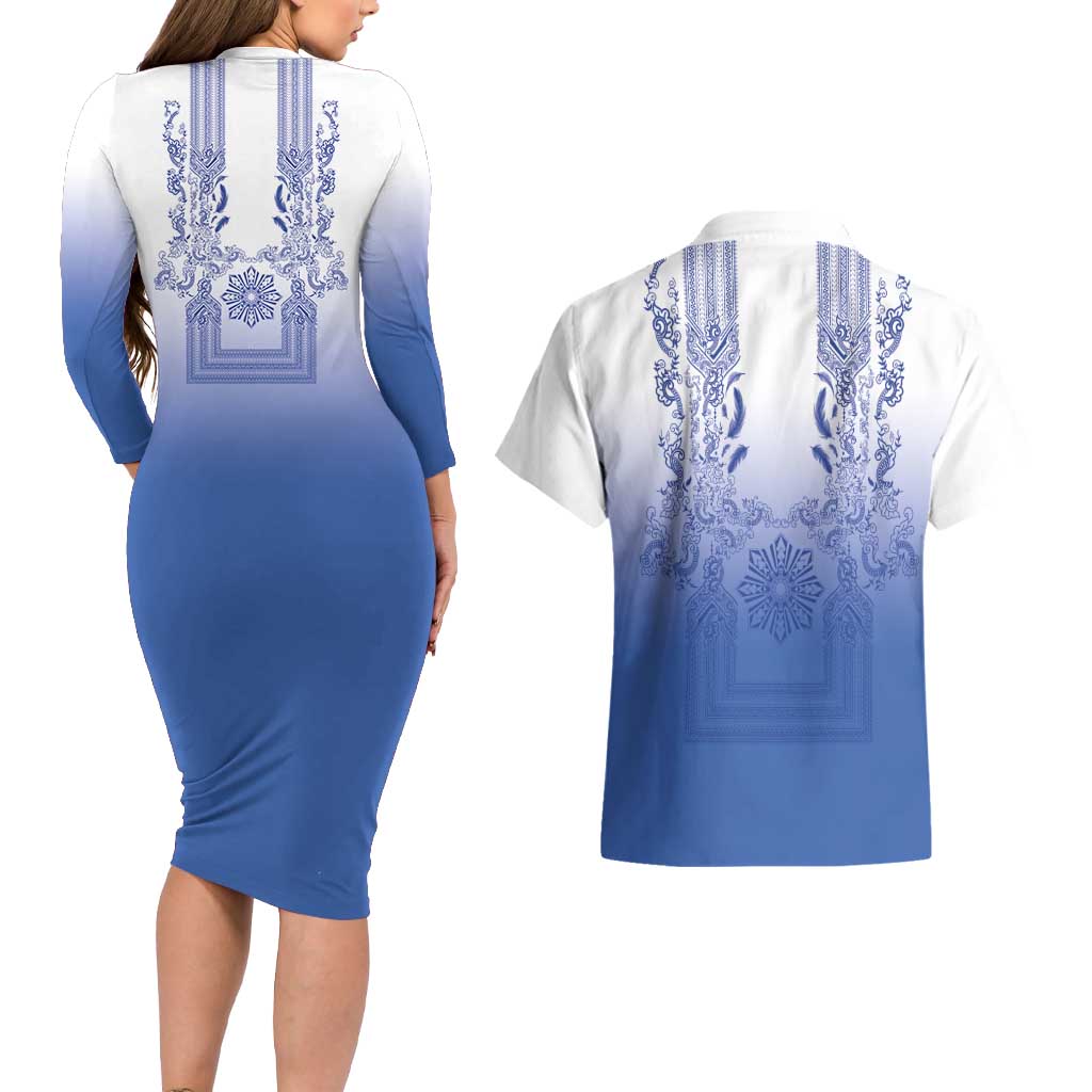 Philippines Barong Style Couples Matching Long Sleeve Bodycon Dress and Hawaiian Shirt with Polynesian Art and Leaf Motif Blue Color LT03 - Polynesian Pride